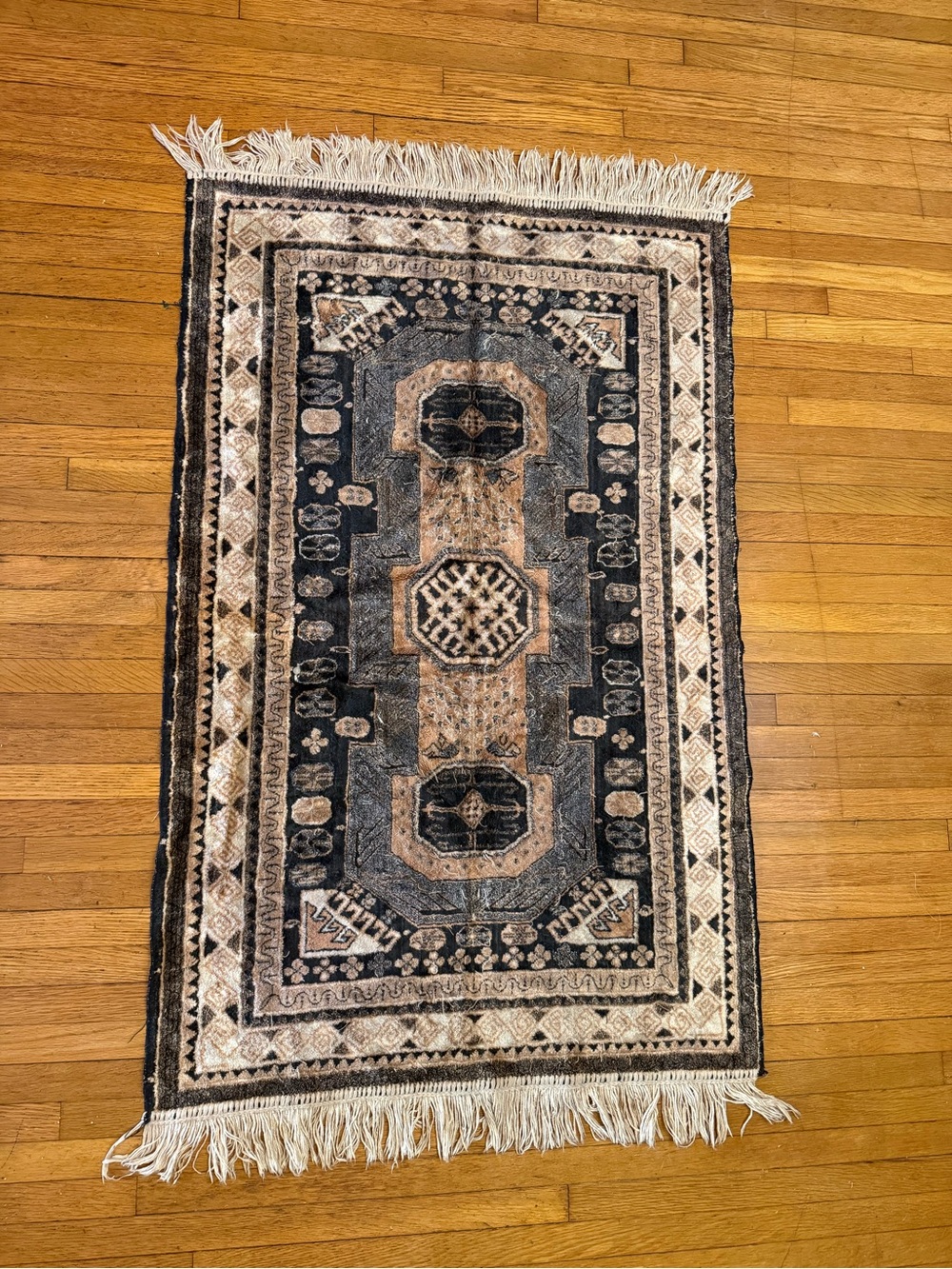 Handwoven Geometric Fringe Area Rug in Black & Beige